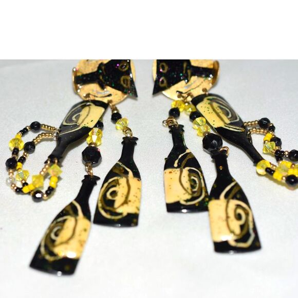 Putting On The Ritz Vintage Champagne Bottles/Glasses 4.5" Post Diva Earrings - Picture 2 of 4